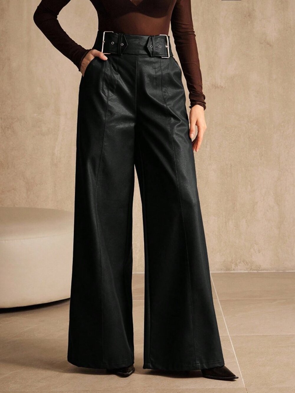 Black Elegant Women's Belted Pocket Zipper Fly Wide Leg Pants